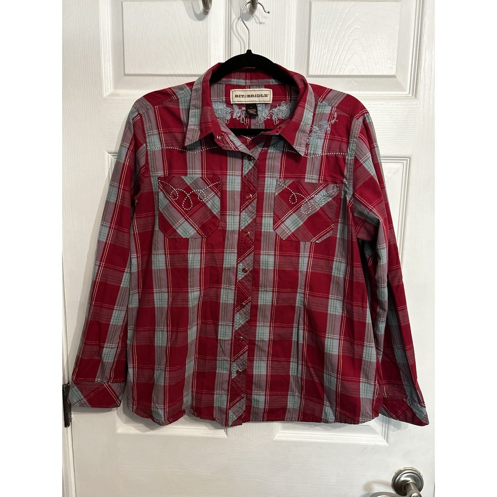 Bit and Bridle Women Size L Pearl Snap Western Shirt Plaid Pink Embroidered
